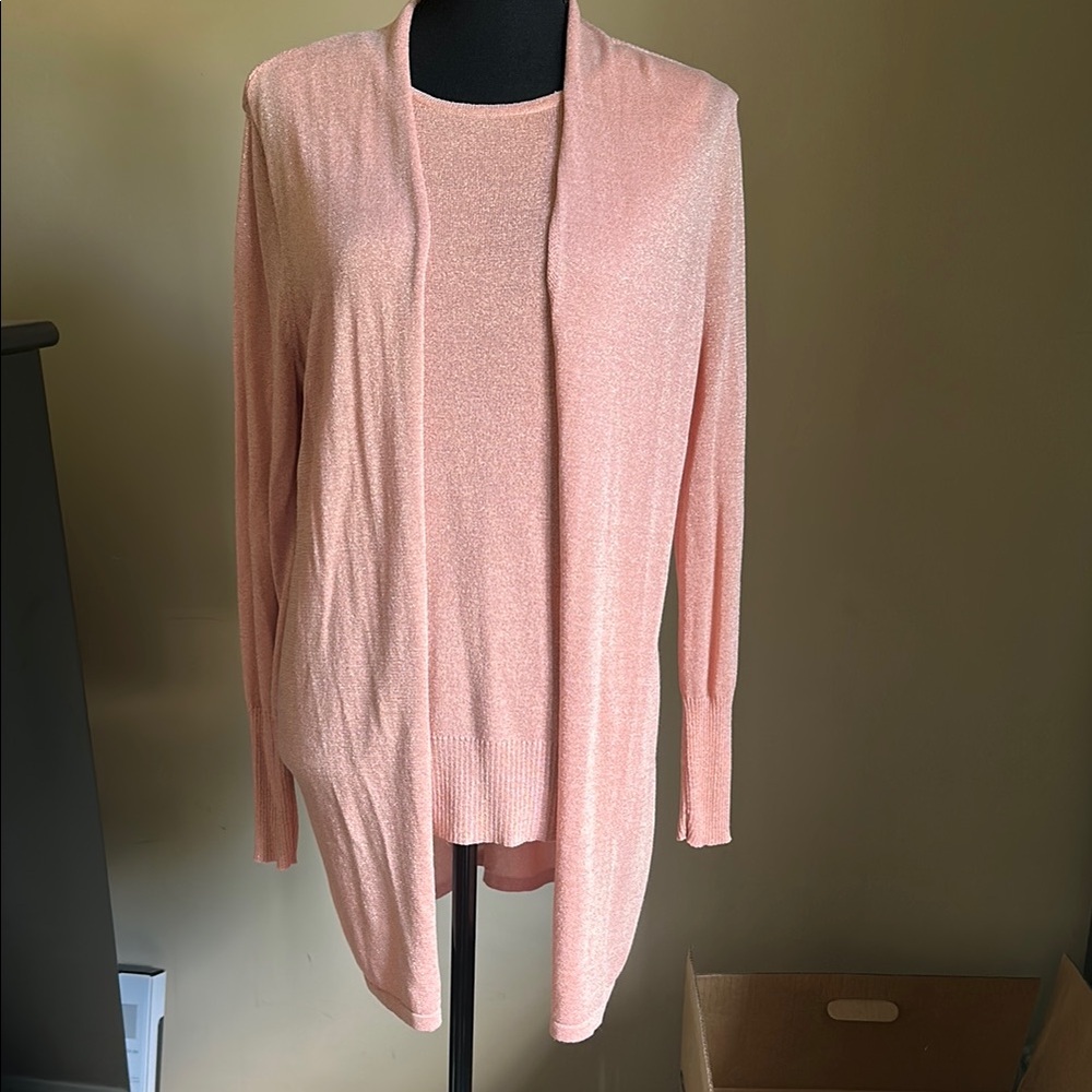 Chico's Peach w/Rose Gold Sparkle Cardigan Lightweight Knit Sweater Set